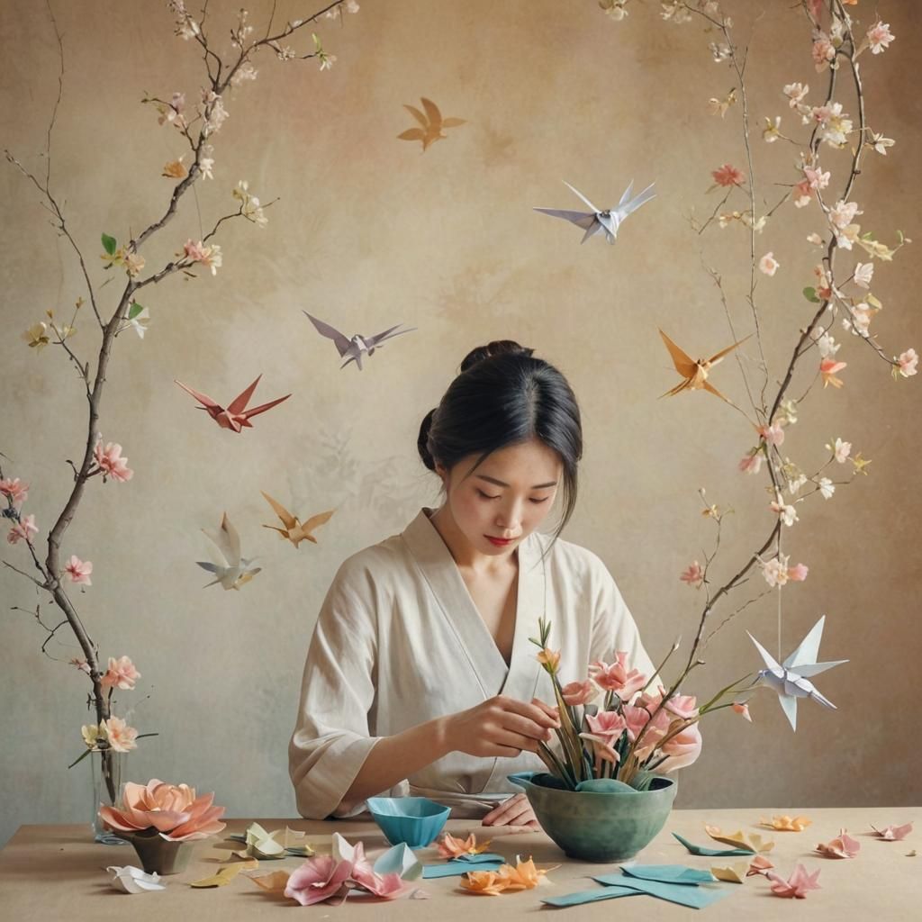 Japanese Surrealism: Ikebana and Origami in Watercolor