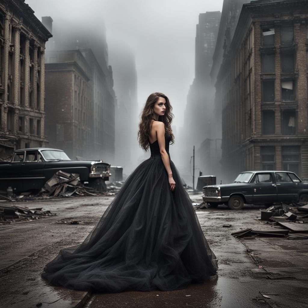 Gotham Girl in Black Gown Amidst Ruins