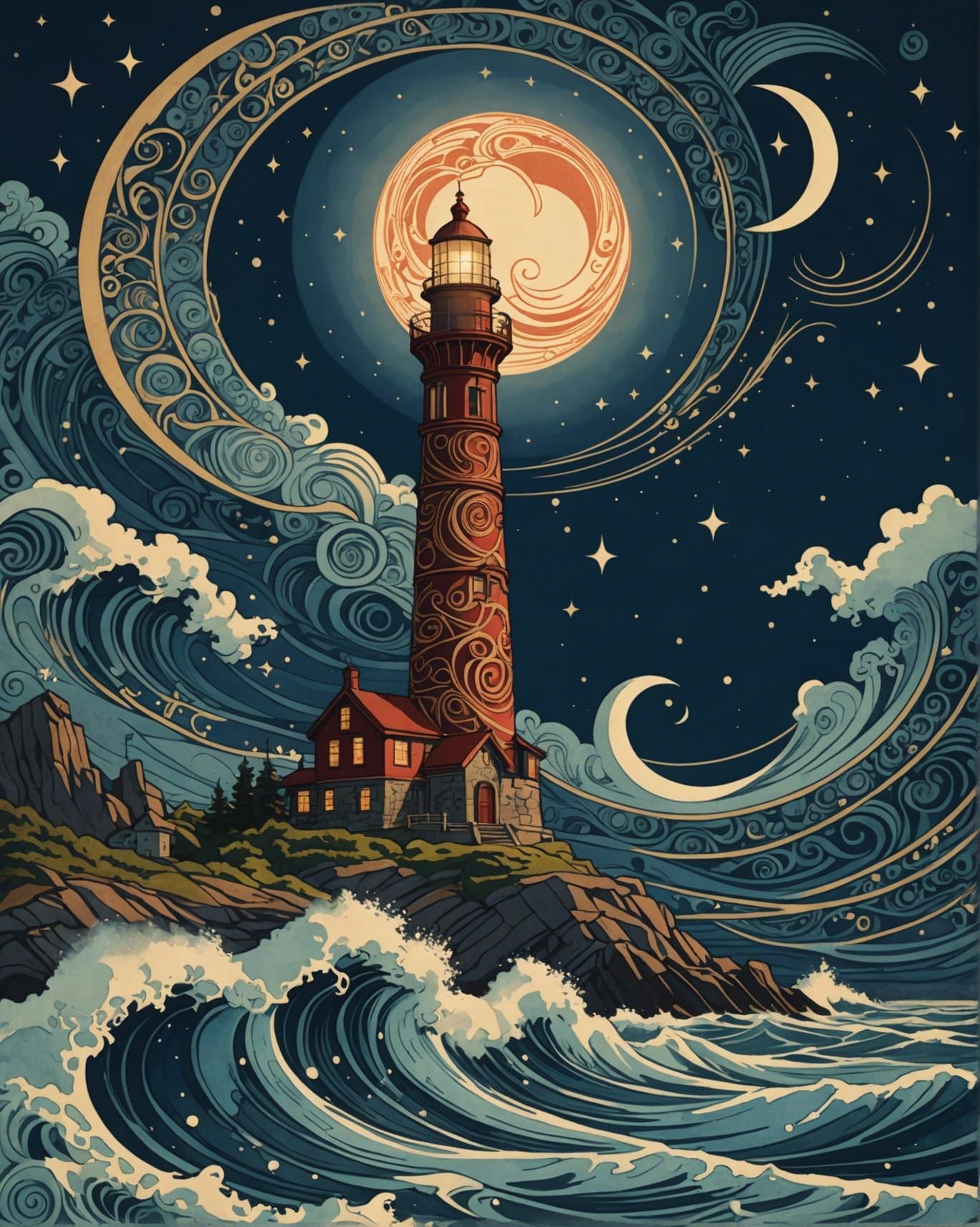 Art Nouveau Lighthouse Under Swirling Starry Sky