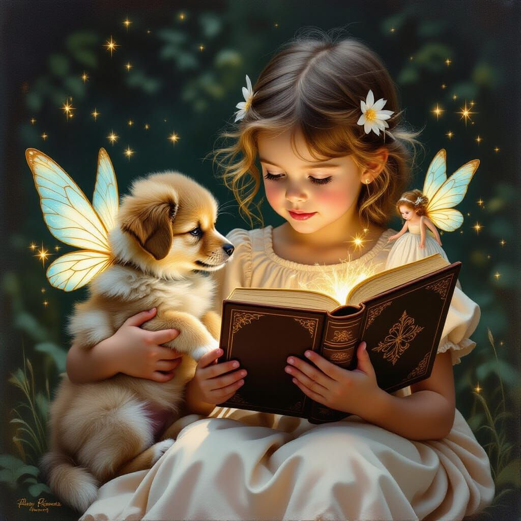Girl, Puppy, and Fairies in Baroque Realism