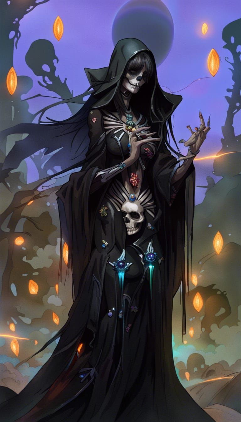 Hyperrealistic Necromancer Woman with Skeleton and Moon