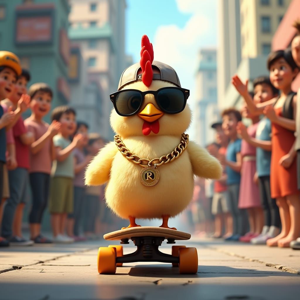 Hipster Chicken Rides Skateboard in Dreamlike Cityscape