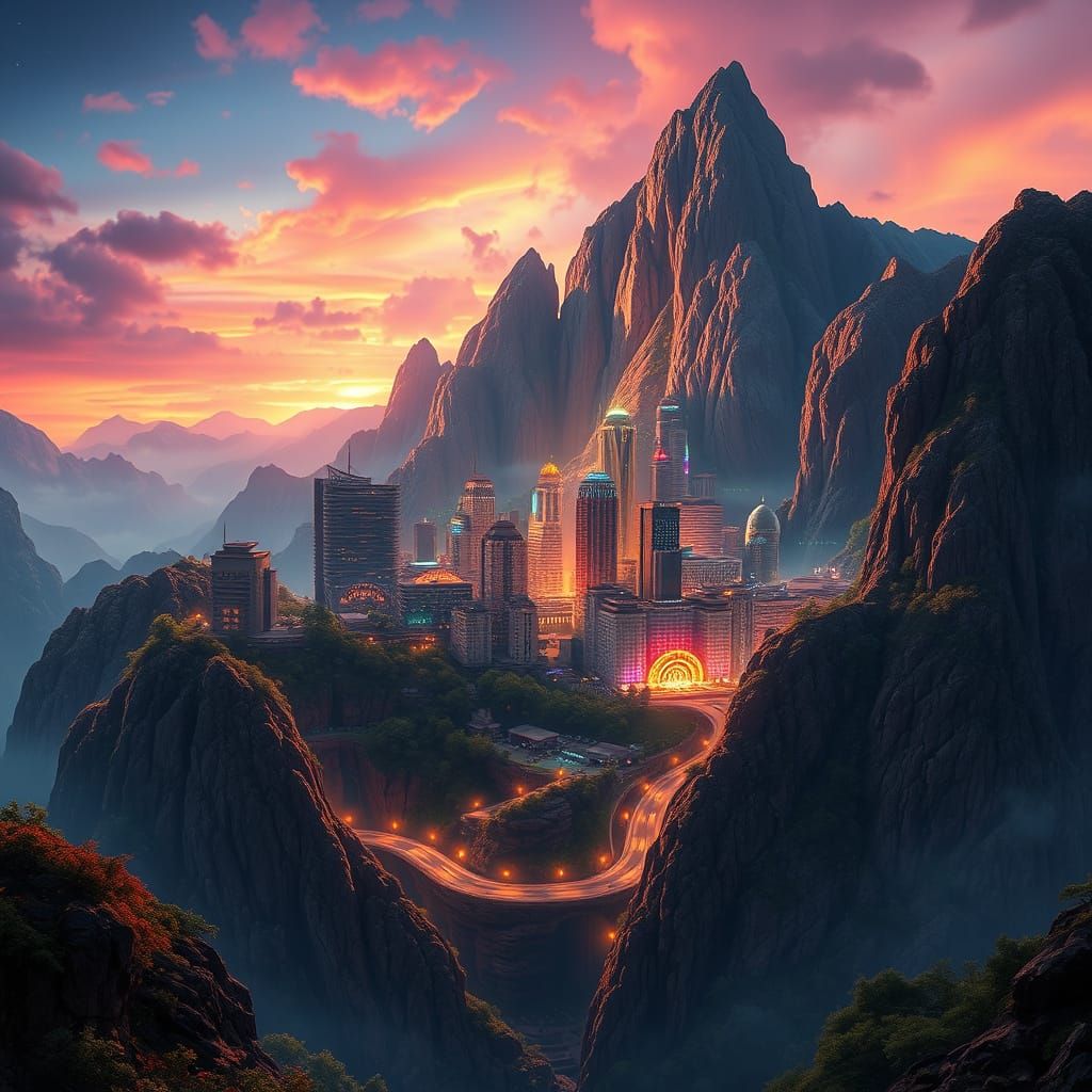 Hyperrealistic Cityscape within Majestic Mountain Range