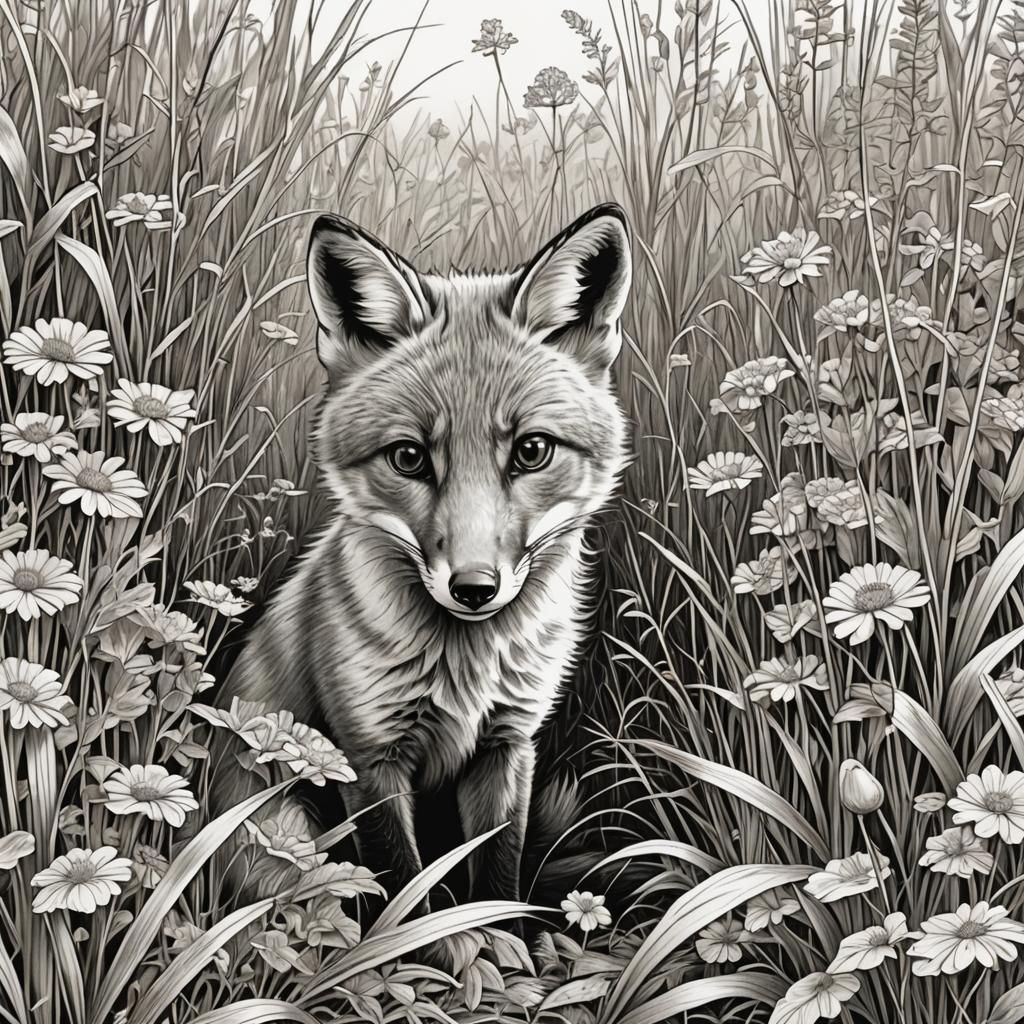 Cute Fox Coloring Page in Detailed Line Drawing