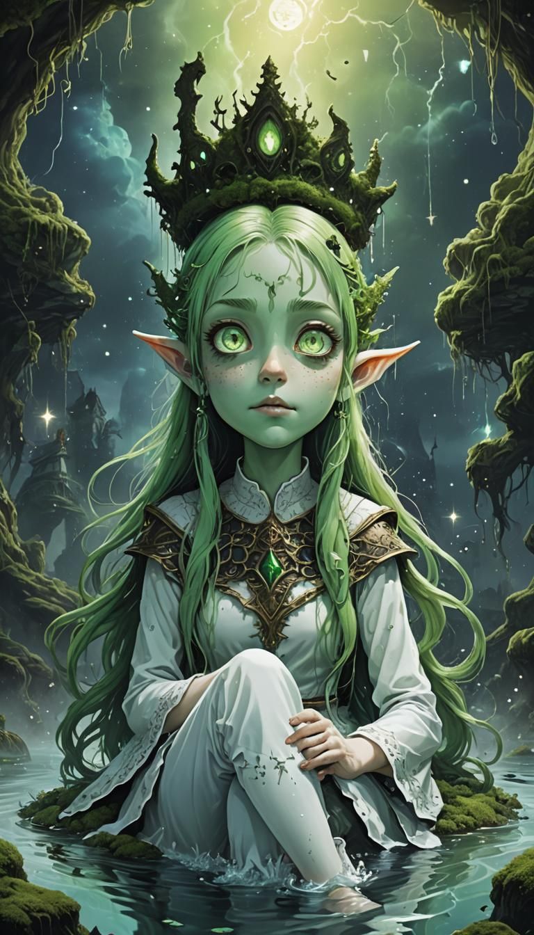 Mossy Elf Queen with Glowing Eyes in Horror Room