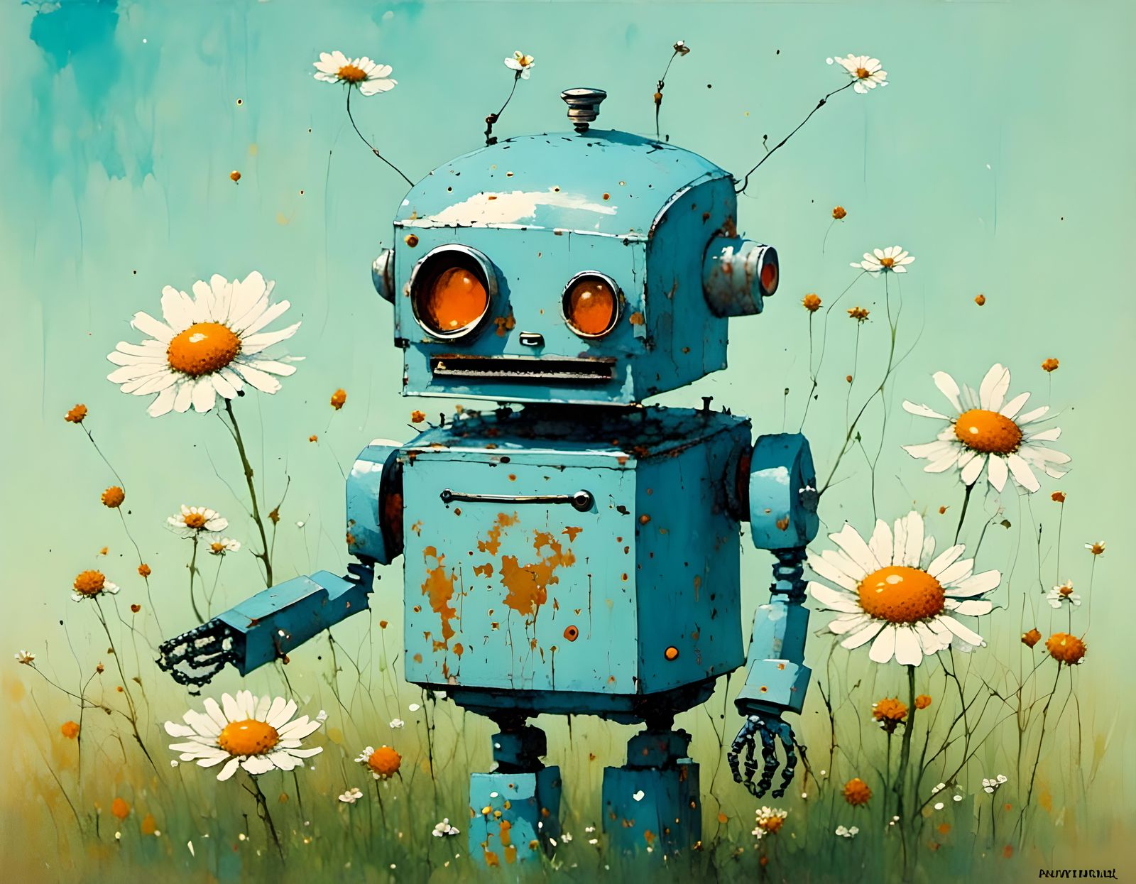 Cute Retro Robot Falling in Love: Watercolor Art