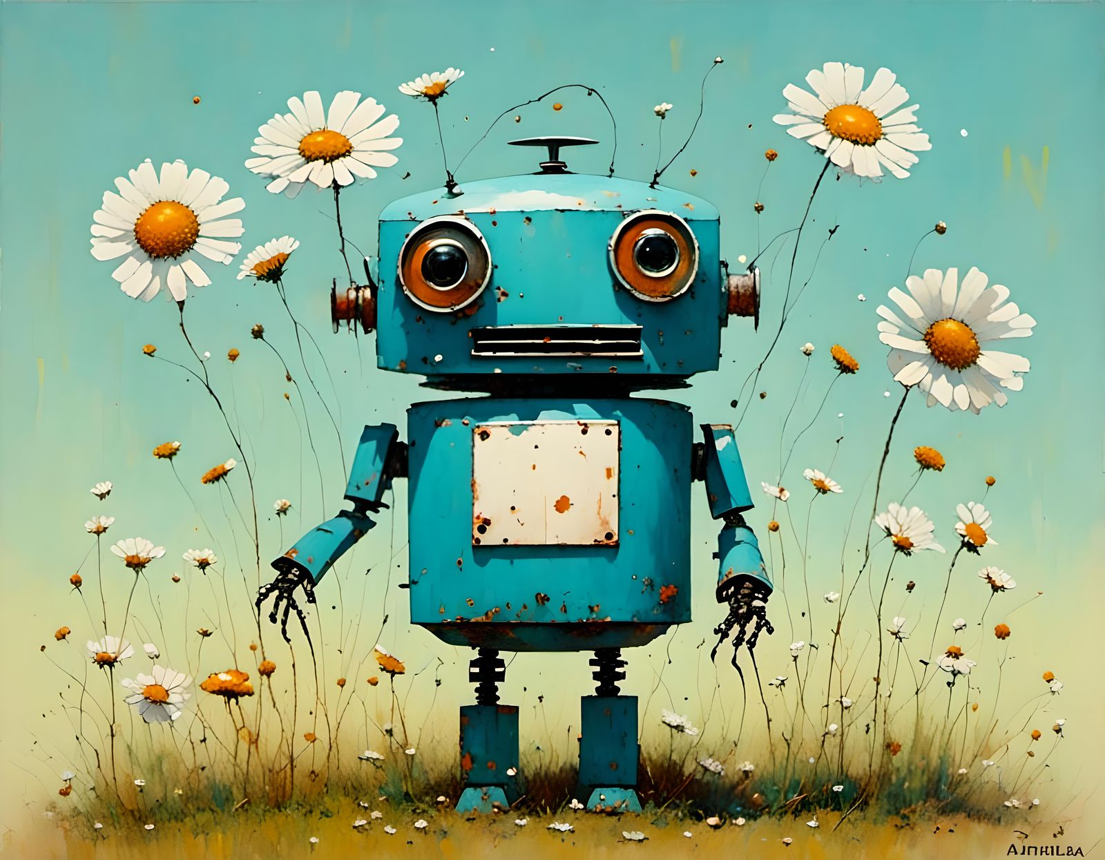 Cute Retro Robot's Pastel Watercolor Romance