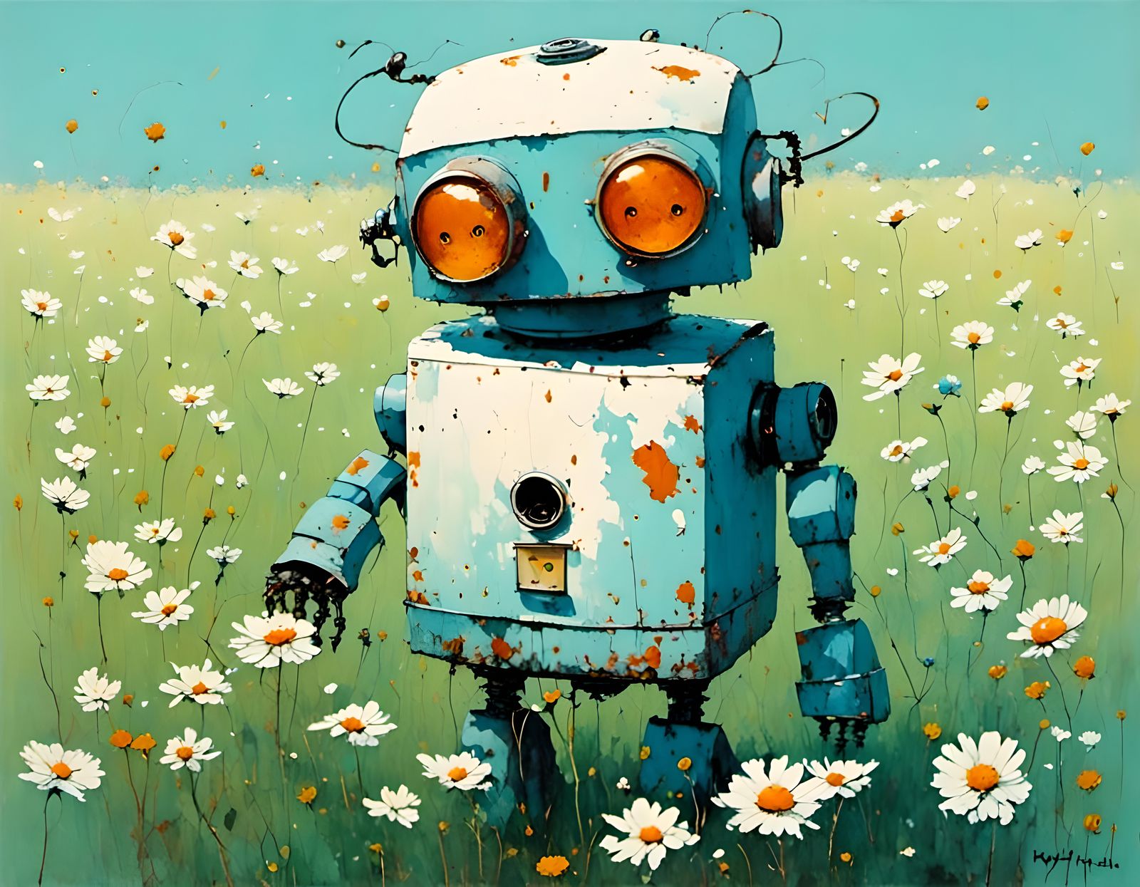 Retro Robot's Love for Kettle, Watercolor Style