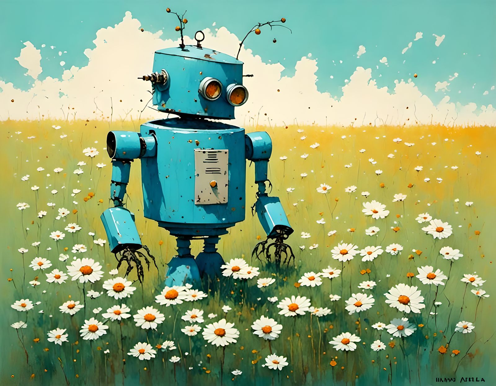 Cute Retro Robot in Love, Watercolor Style