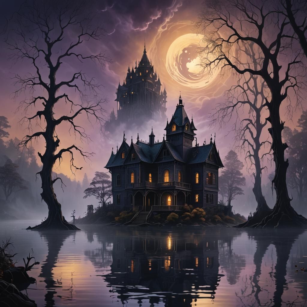 Ethereal Ghost Overlooking Haunted Lake in Dark Fantasy Art