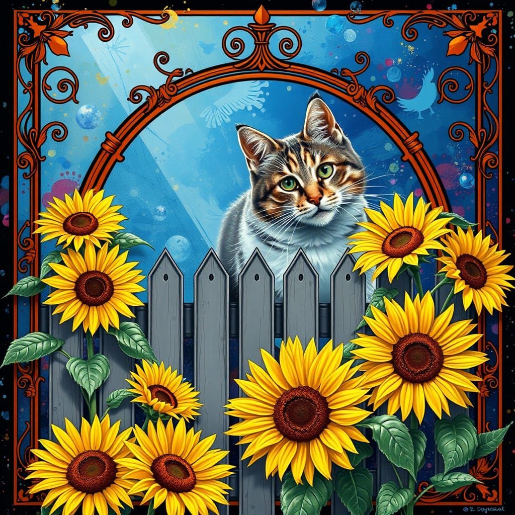 Art Nouveau Masterpiece: Vibrant Sunflowers, Whimsical Cat,....