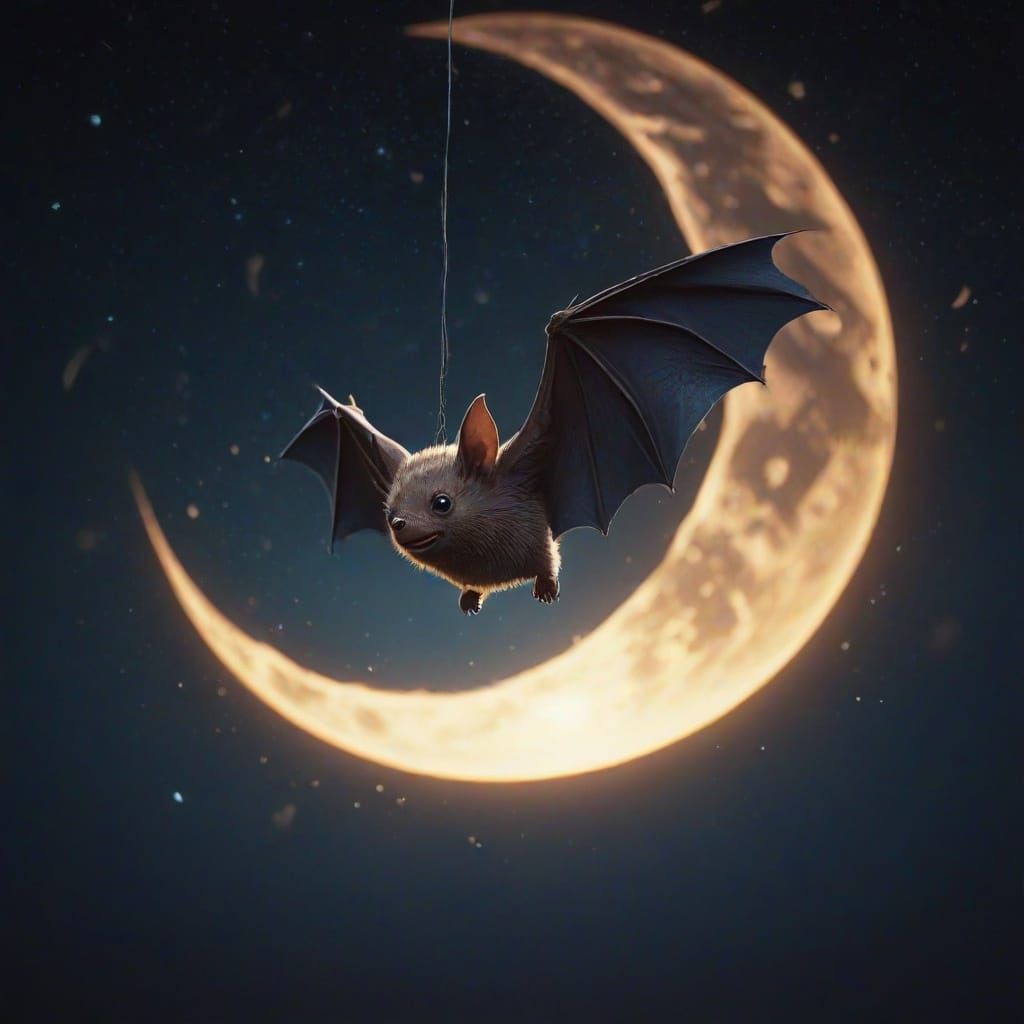 Baby Bat on Crescent Moon: Hyperrealistic Oil Painting