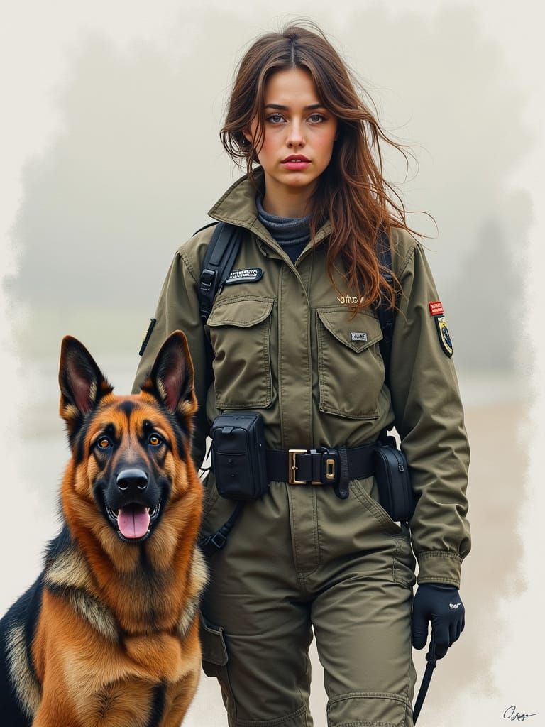 Rescuer and German Shepherd in Atmospheric Style