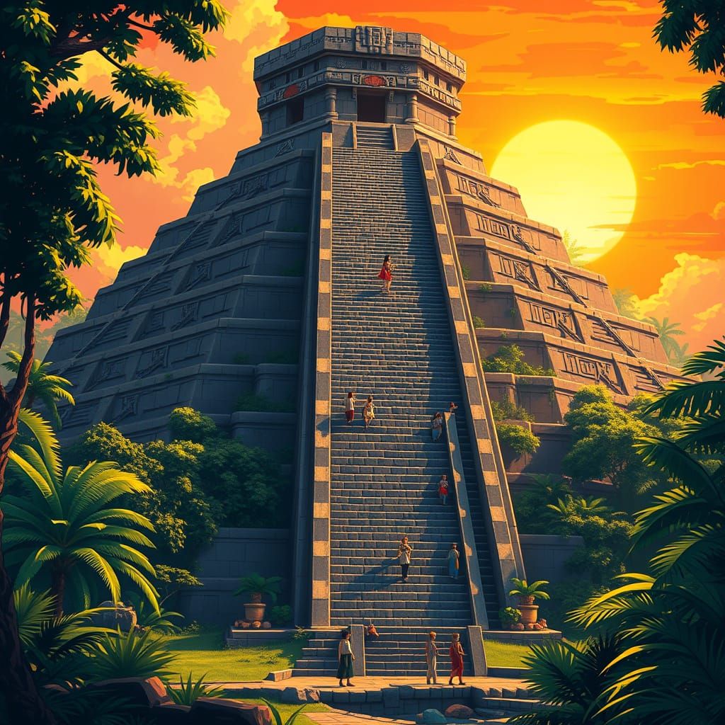 Mesoamerican Pyramid in Vibrant Anime Style