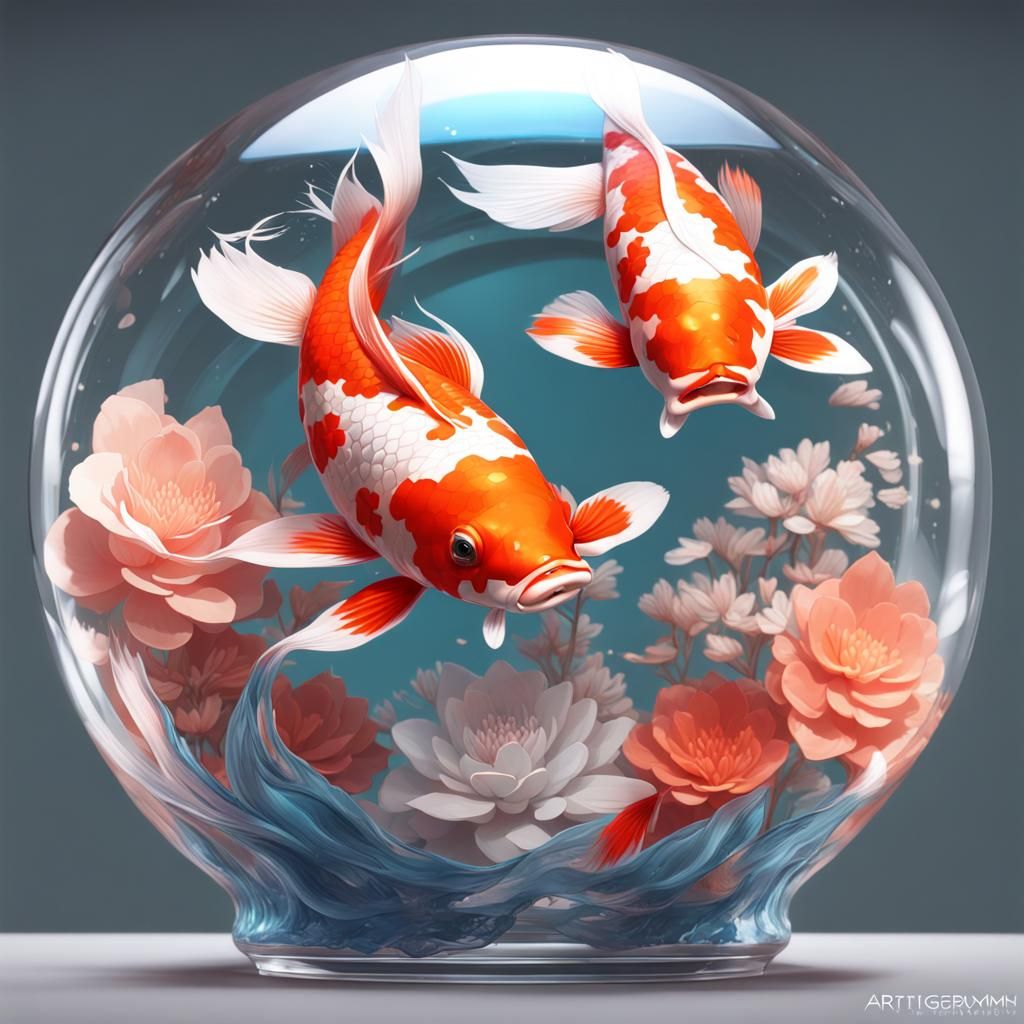 Koi Fish Portrait in Glass, Hyperdetailed Art