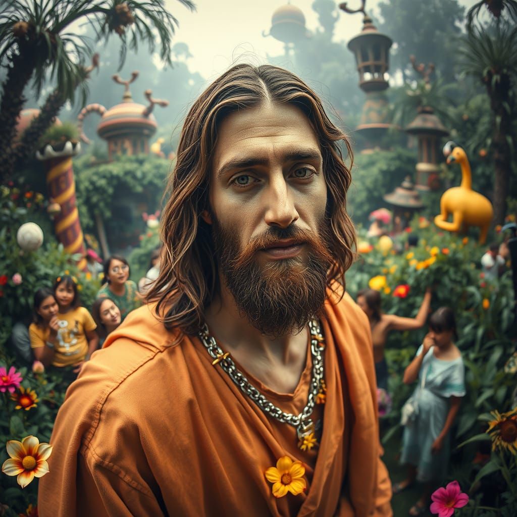 Lush Garden Portrait with Whimsical Figures