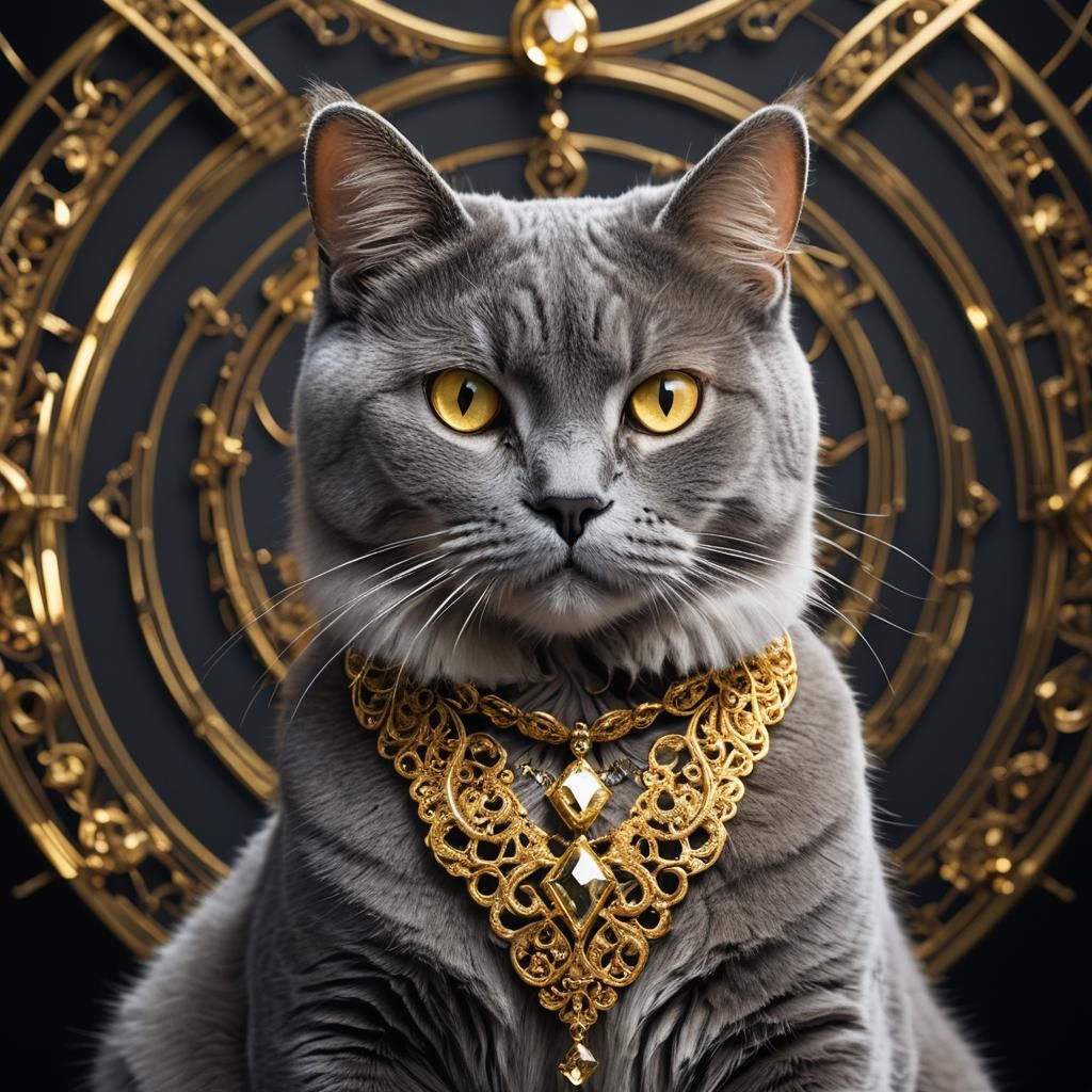 British Cat in Futuristic Jewelry: Cinematic Portrait