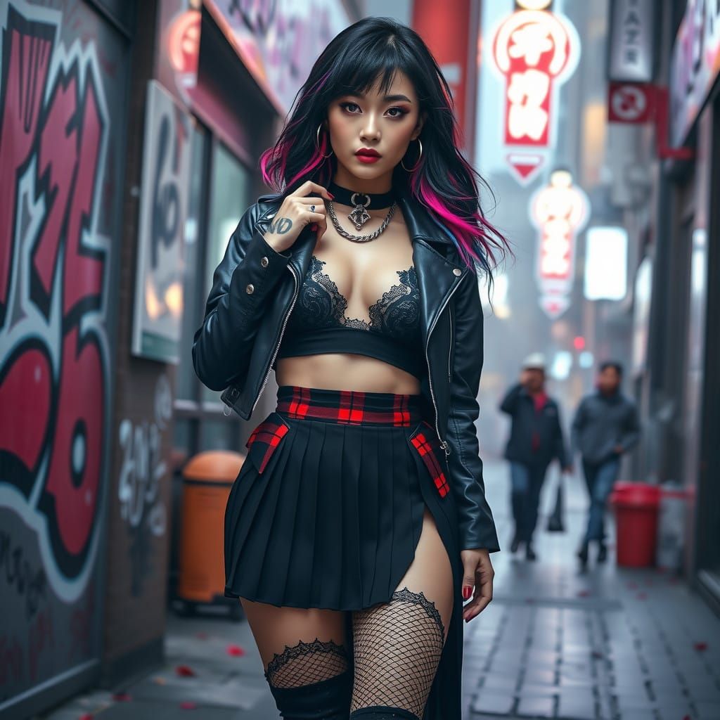 Sultry Japanese Woman Embracing Emo Style with Edgy Fashion
