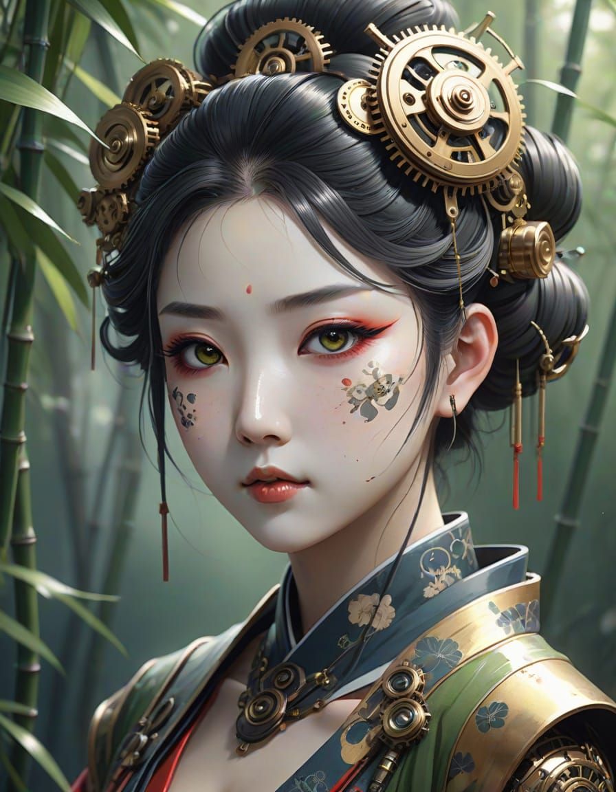 Cyborg Geisha in Whimsical Watercolor