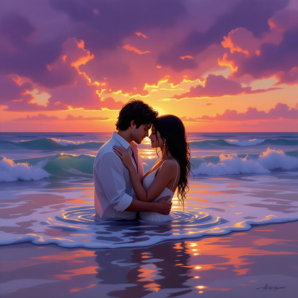 Lovers Embrace on Beach at Sunset as Ocean Rises