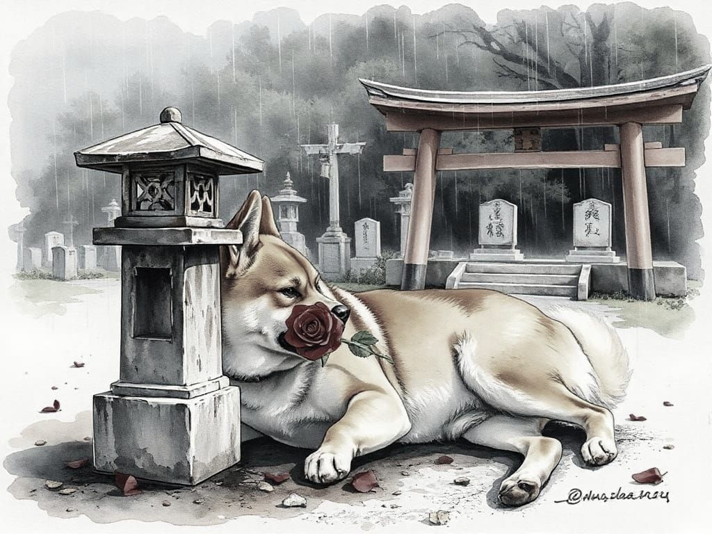 Loyal Shiba Inu at Master's Grave in Rain