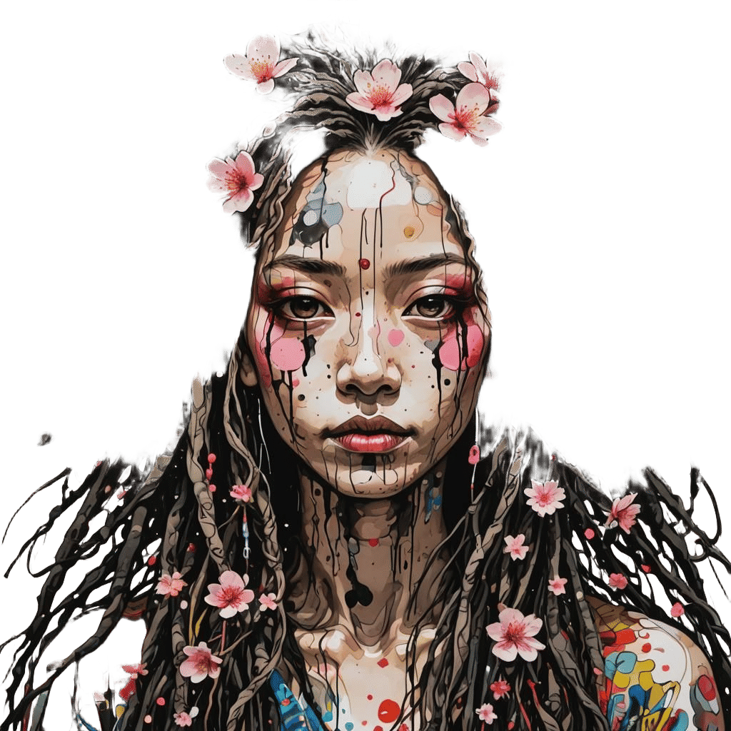 Woman with Cherry Blossoms: Black Ink Sketch