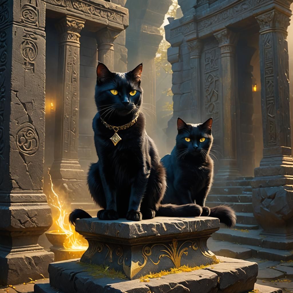 Mystical Feline Conjuror in Ancient, Iridescent Realm