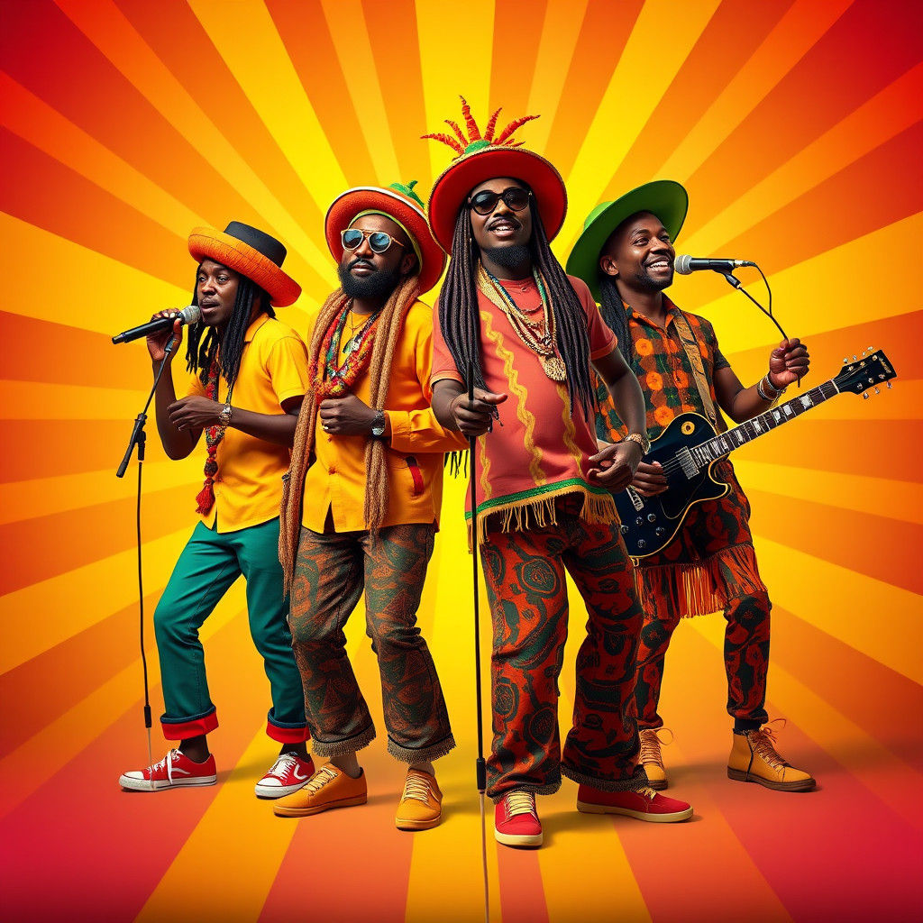 Vibrant Reggae Musicians in 3D Digital Art Style