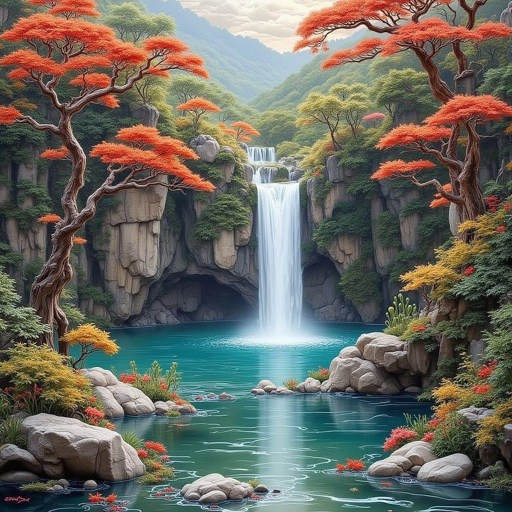 Secluded Waterfall in Chinese Embroidery Style