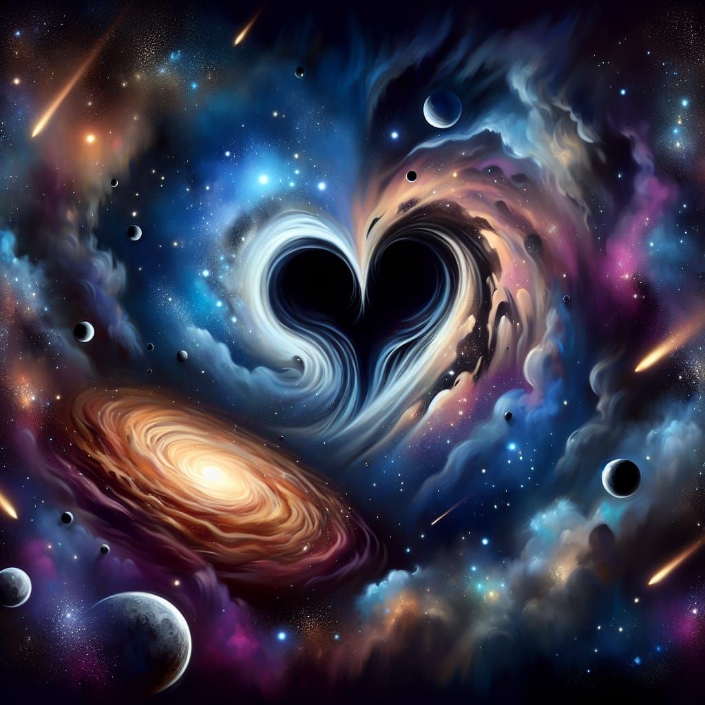 Surreal Cosmic Scene with Heart-Shaped Black Hole in Airbrus...