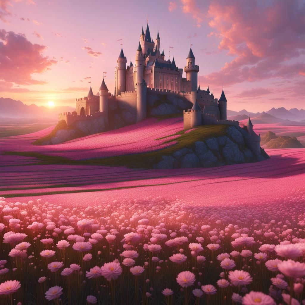 Pink Sunset Flower Field with Castle: Fantasy Art