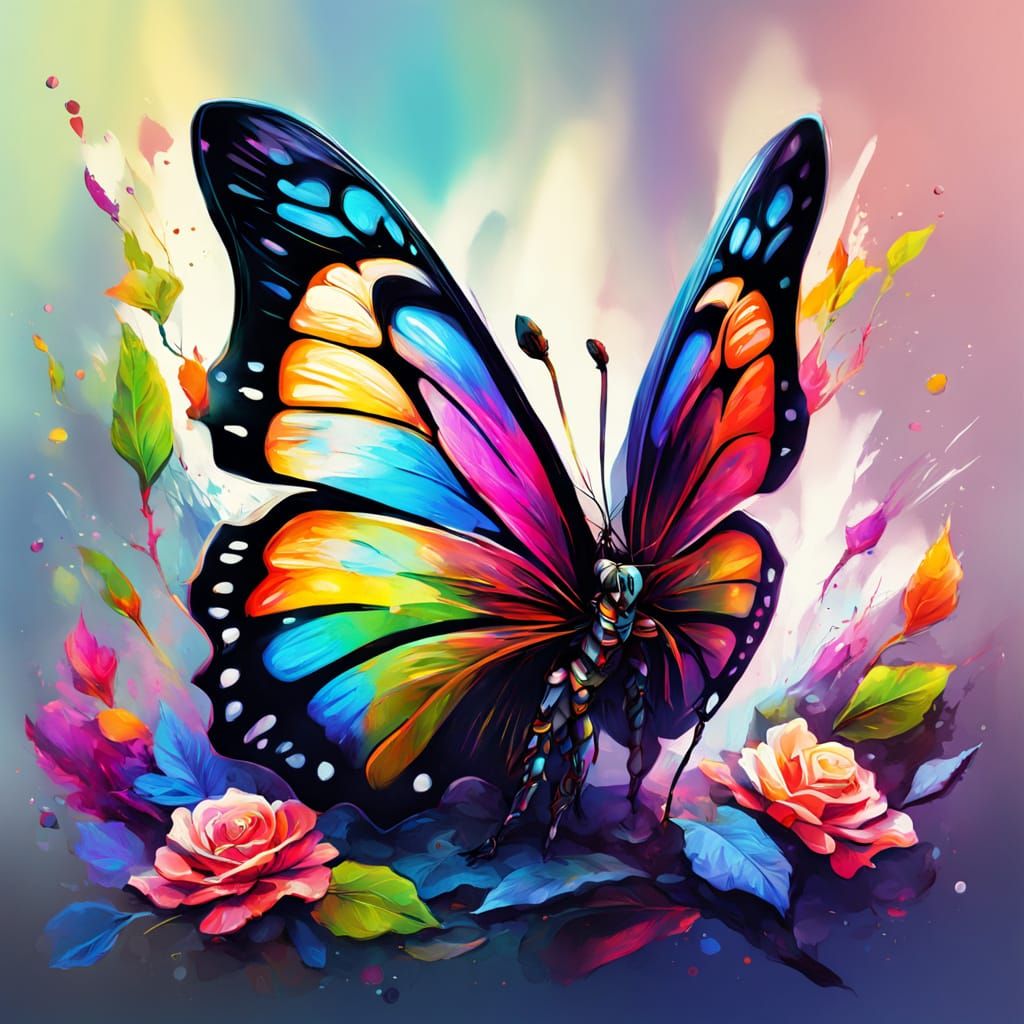 Butterfly on Rose: Ethereal Gouache Impressionist Fantasy