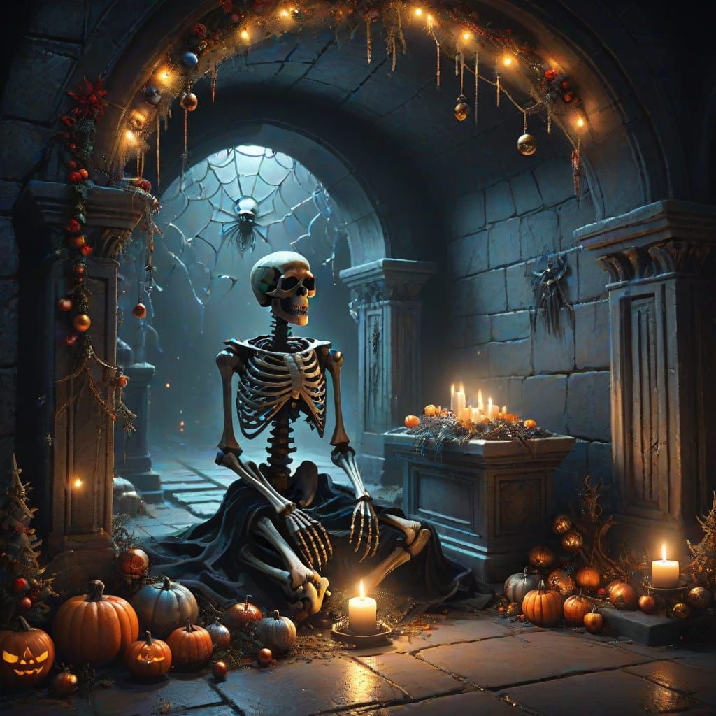 Gothic Crypt Christmas Scene with Skeleton Decorator