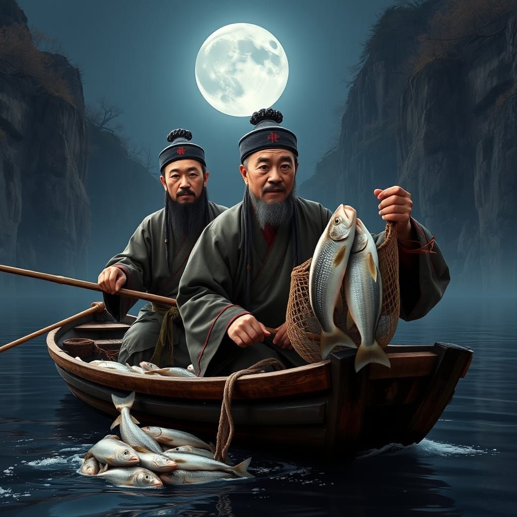 Hyperrealistic Song Dynasty Fishermen Under Full Moon
