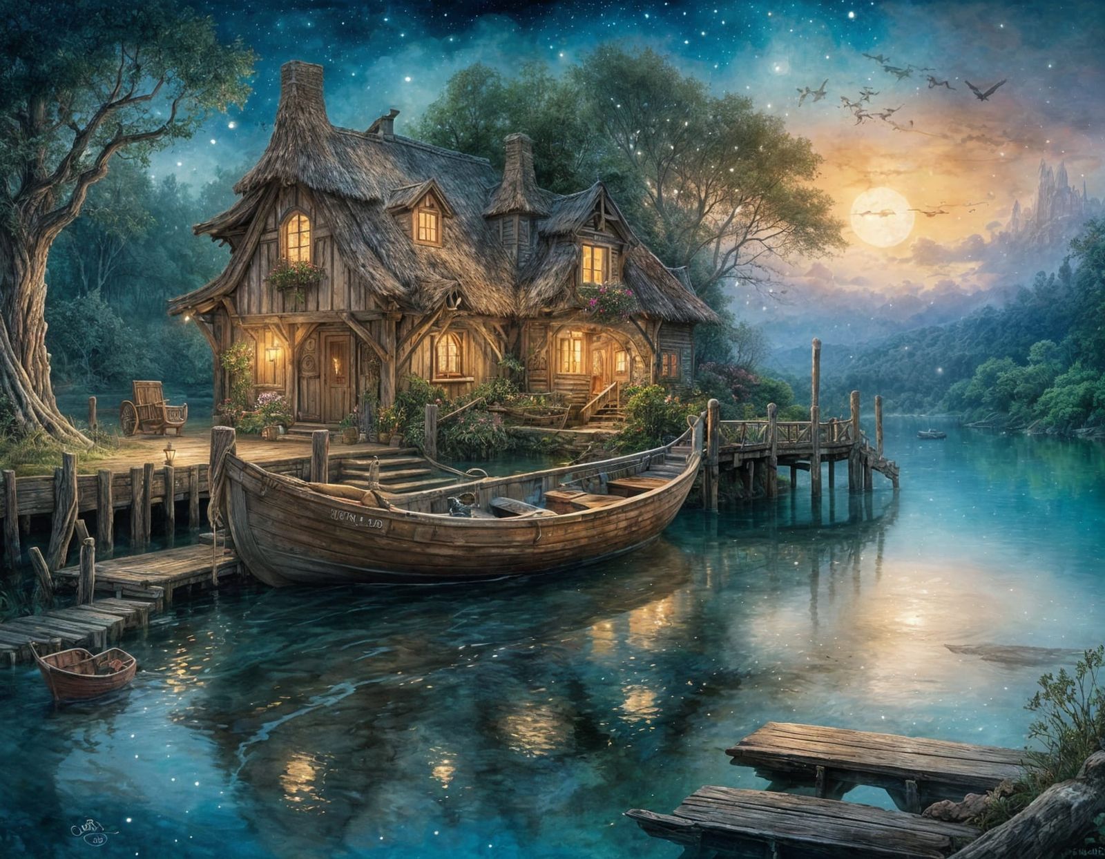 Moonlit Fairy Village: Watercolor Boat Scene