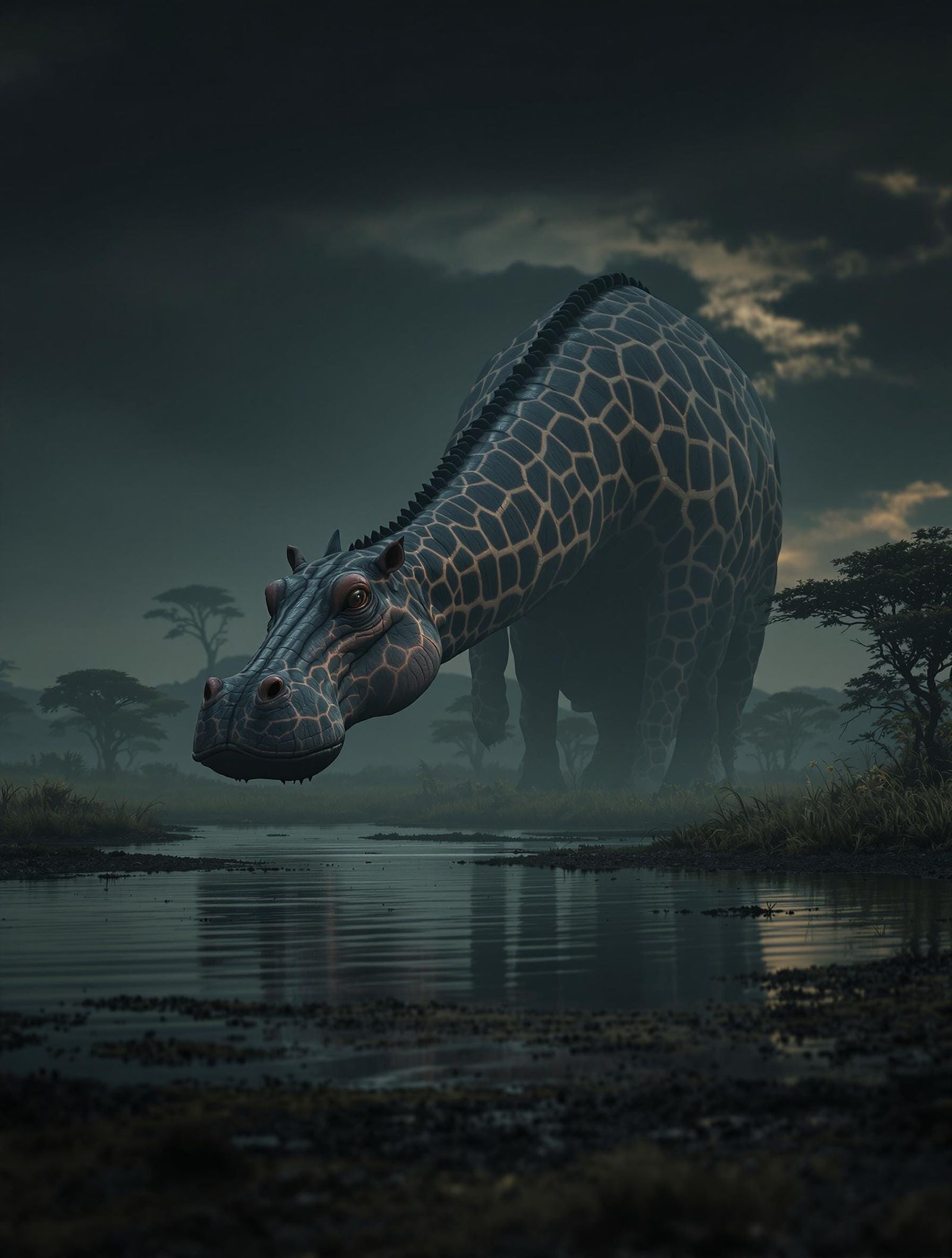 Surreal Savannah Hybrid Roams Under Dark Mystical Skies