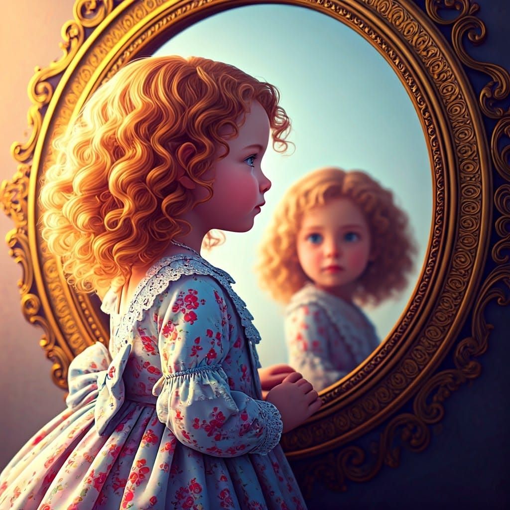Girl in Ornate Mirror: Anime-Inspired Digital Portrait
