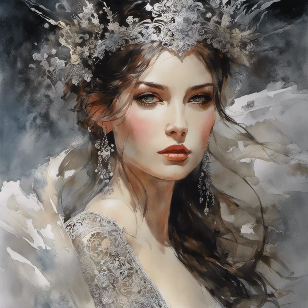 Woman in Metal Lace Gown as Watercolor Portrait