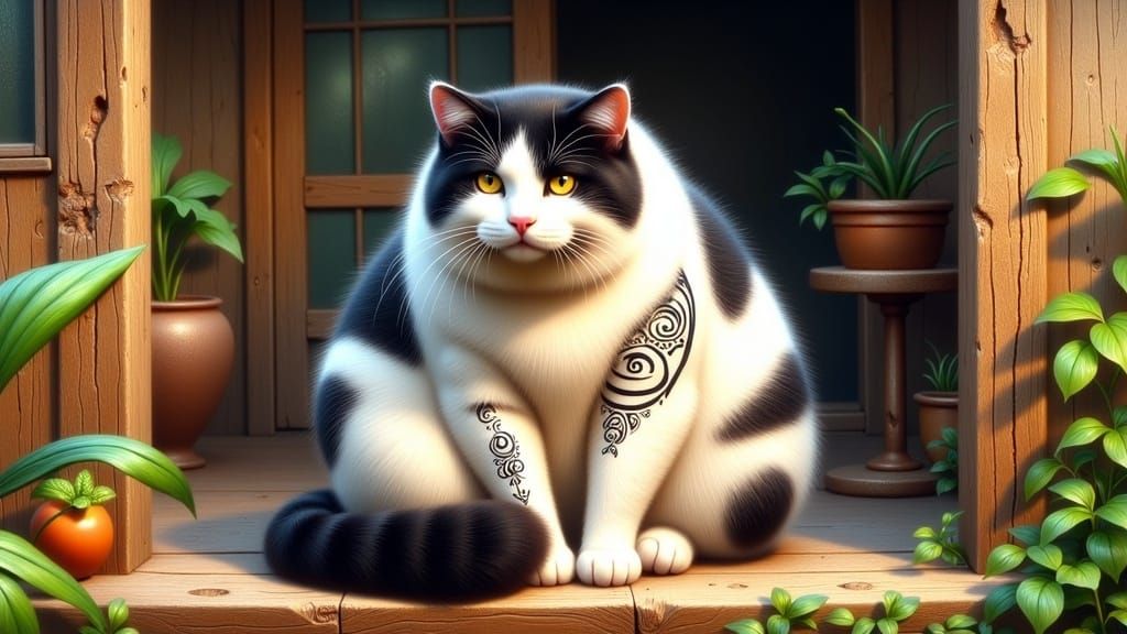 Tattooed Tuxedo Cat in Impressionist Digital Art Style