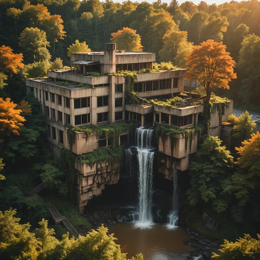 Postmodern Ruins: Cinematic Film Still of Abandoned Building