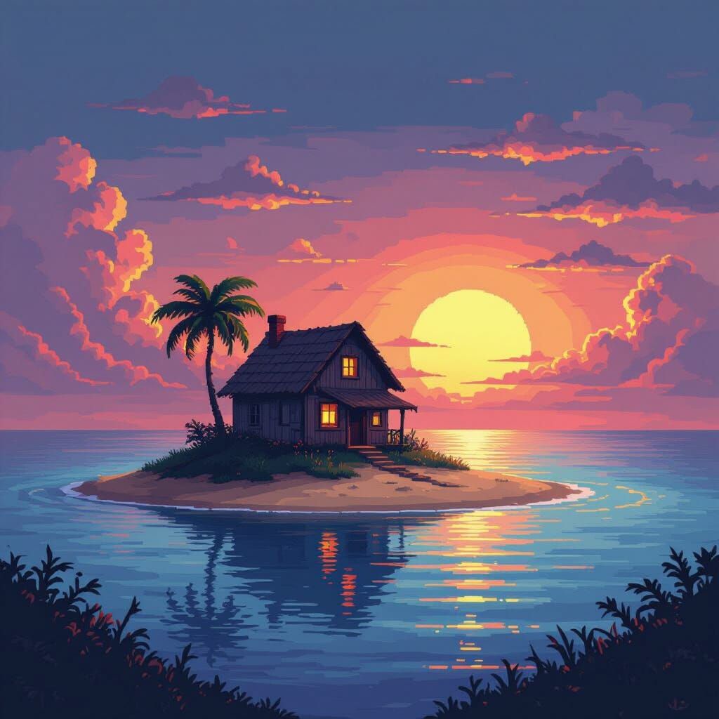Pixel Art House on Island at Sunset