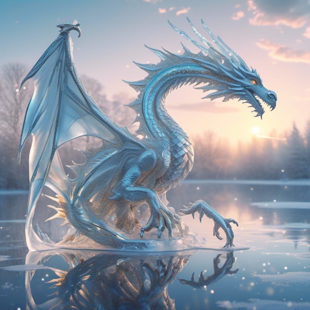 Delicate Ice Dragon on Frozen Lake