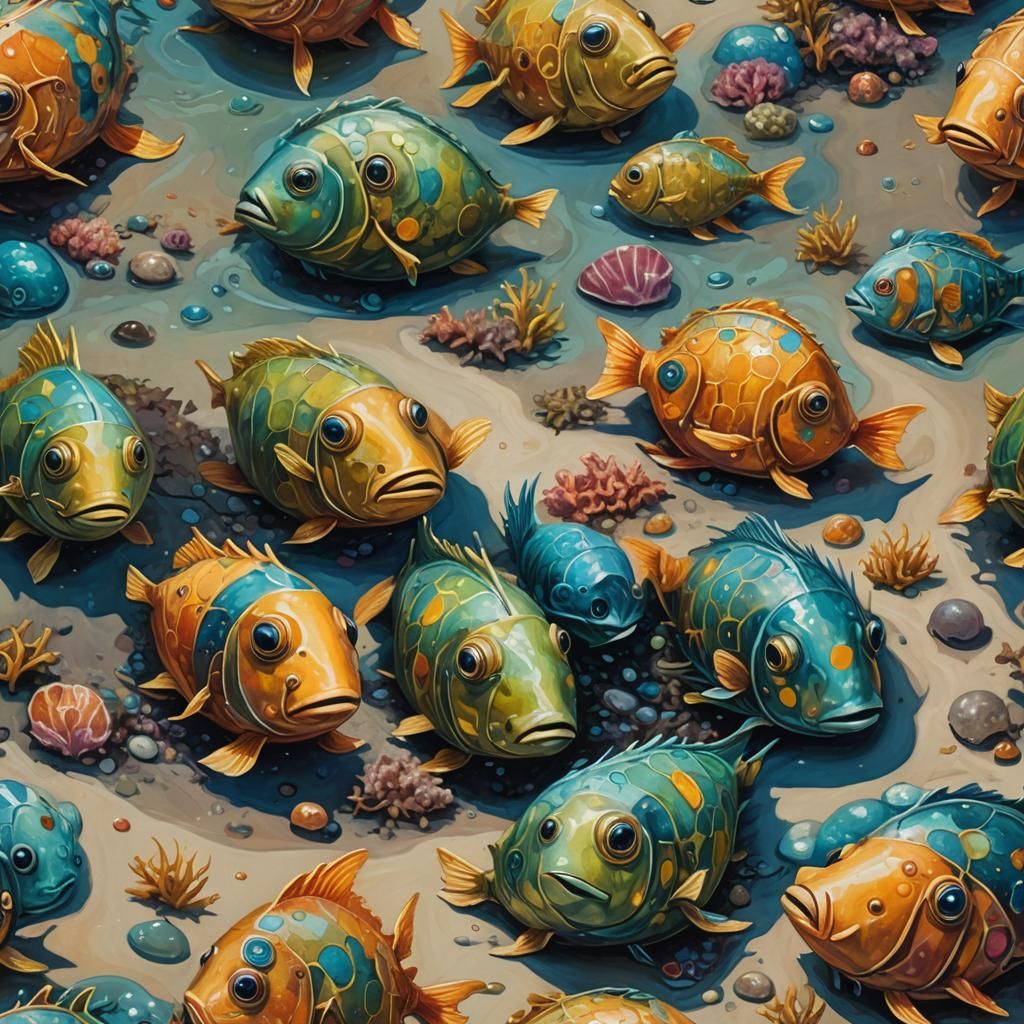Surreal Fish-Headed Creatures on a Dreamlike Beach