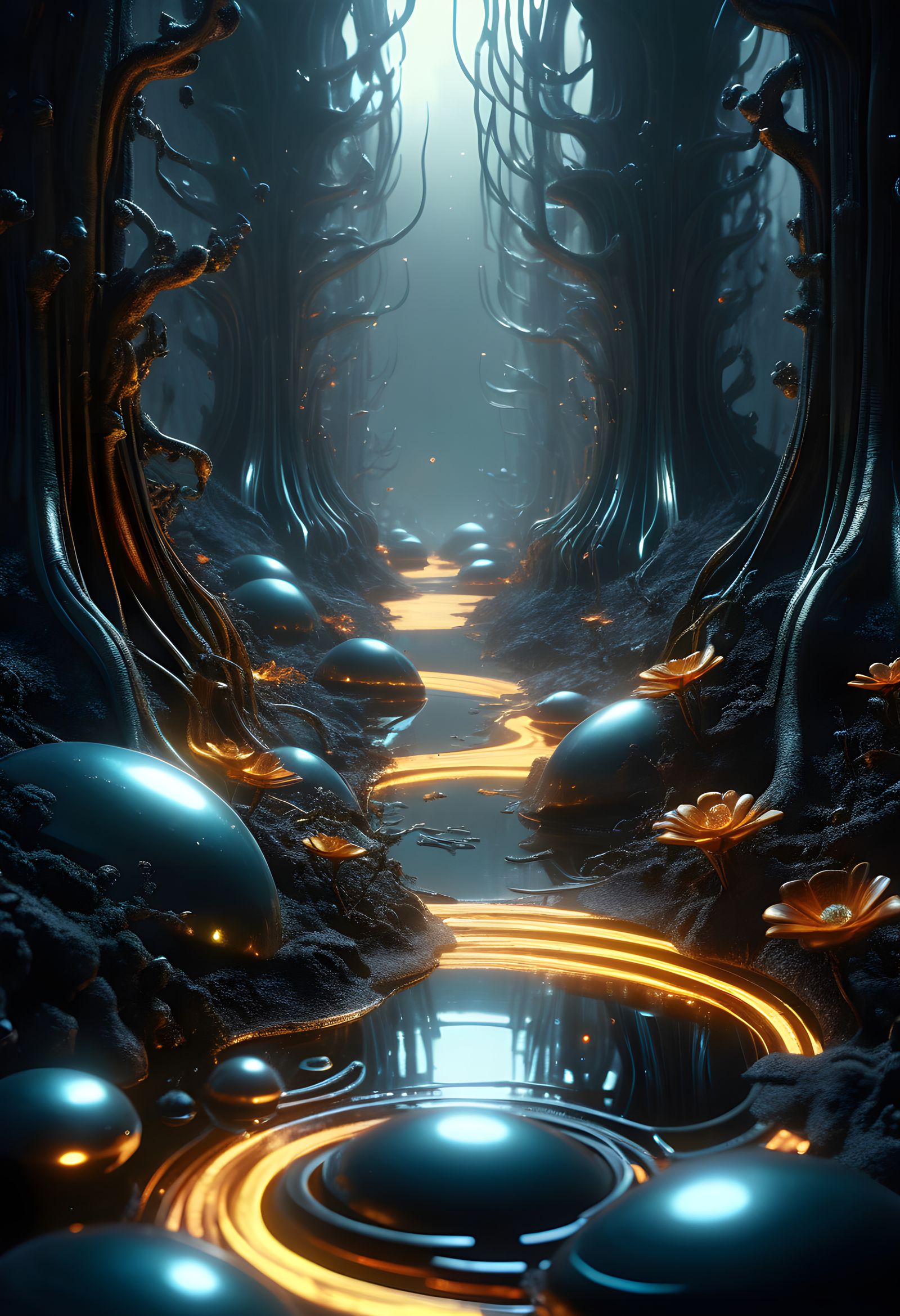 Surrealistic Metal Landscape with Bioluminescent Plants