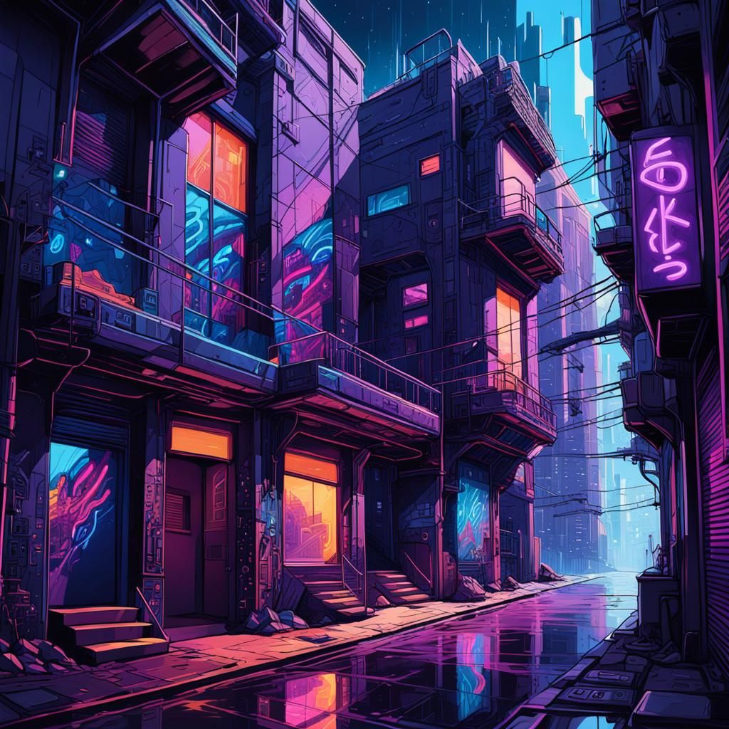 Neon Graffiti Cityscape in Splash Art Style