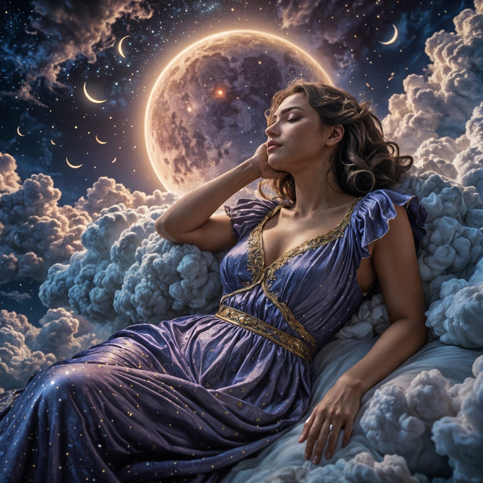 Woman Sleeping on Cloud in Hyperrealism Style