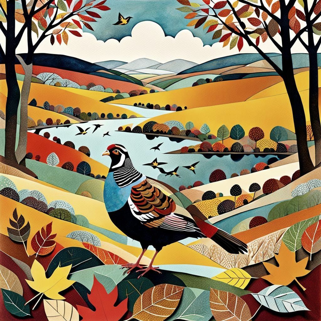 Partridge in Autumn Landscape as Paper Collage