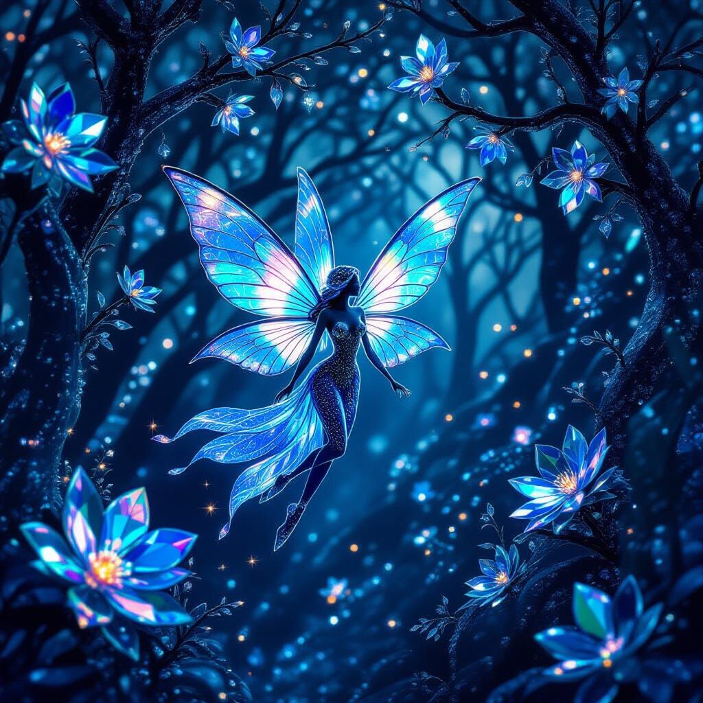Glass Fairy with Sapphire Wings in Crystalline Forest