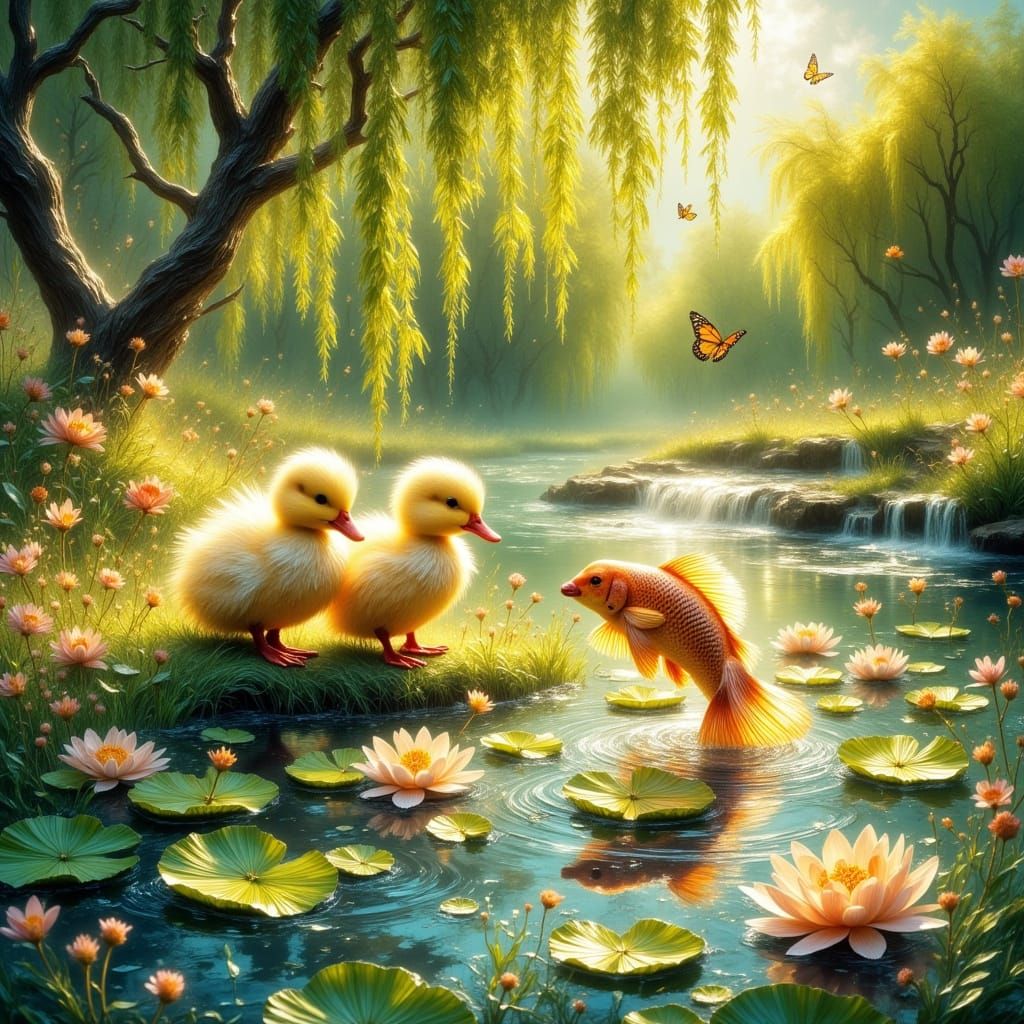 Ducks and Fish in Whimsical Summer Scene