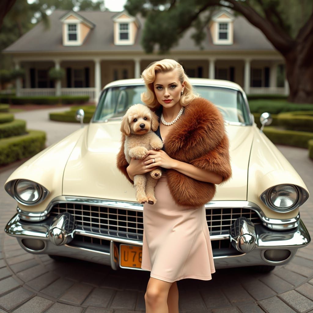 1950s Beauty Poses with Ivory Cadillac and Poodle